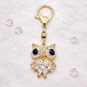Gold Tone Rhinestone Owl Keychain Purse Charm Blue Eyes Lobster Clasp Bag Charm